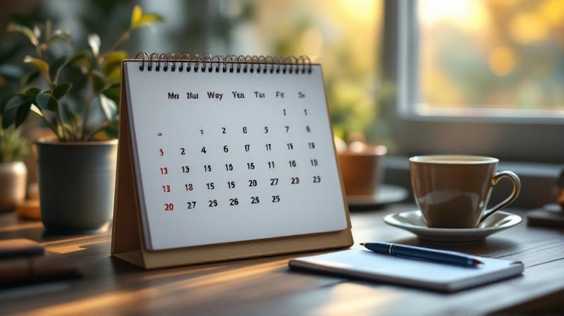 Kalender auf einem Schreibtisch mit markierten Tagen und einer Tasse Tee