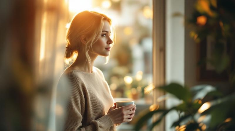 Frau am Laptop in einem hellen Wohnzimmer, ruhige Stimmung, neuer Karriereanfang