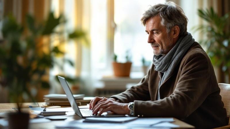 Person am Laptop in einem ruhigen Zimmer, Dokumente geordnet, konzentrierte Planung