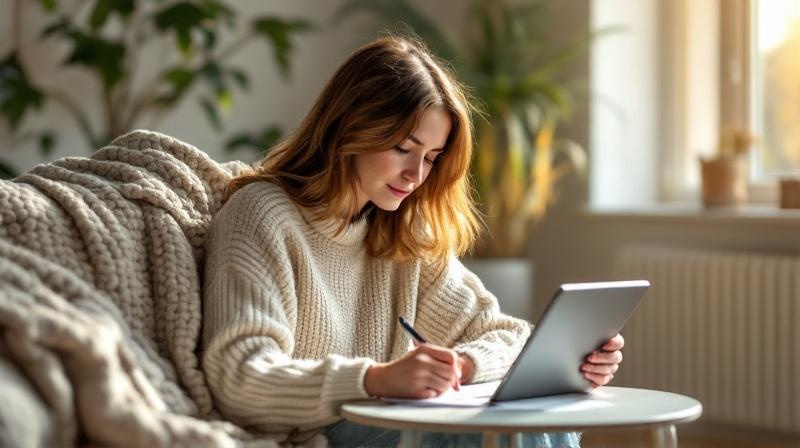 Frau schreibt auf Papier neben einem Laptop, ruhige Konzentration