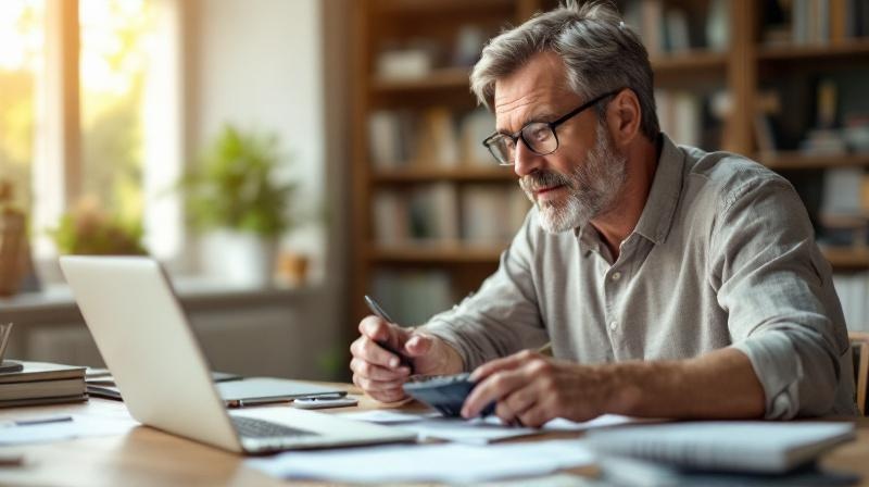 Person rechnet am Schreibtisch mit Taschenrechner und Laptop, sortiert Belege und einen Bescheid